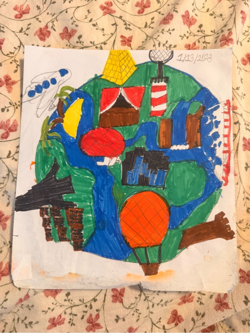 Handmade Colorful Kids Art Print - Green & Blue Globe Scene